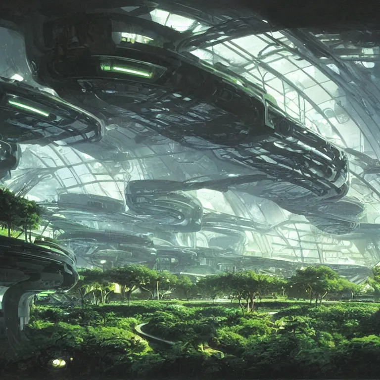 Image similar to beautiful matte painting of green gardens on a futuristic sci-fi space station, cinematic angle, cinematic lighting, by Syd Mead, John Harris, Federico Pelat
