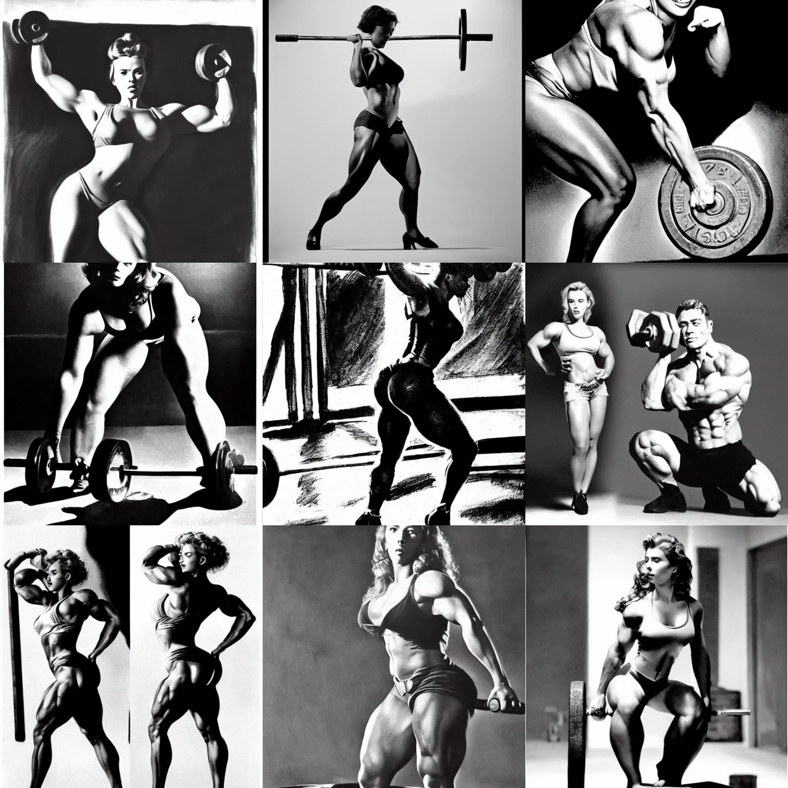 Prompt: scarlett johansson as body builder, frank frazetta, black and white, lifting weights, pencil and ink, dramatic lighting, full body profile