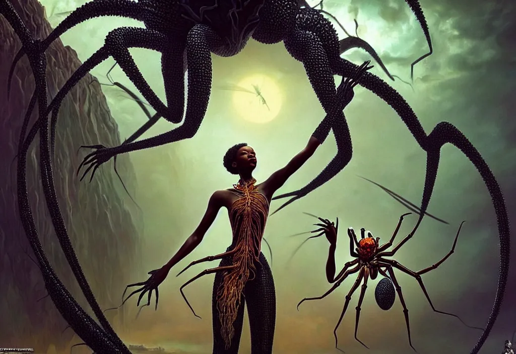 Image similar to realistic detailed portrait movie shot of a beautiful black woman dancing with a giant spider, futuristic sci fi landscape background by denis villeneuve, jean deville, yves tanguy, ernst haeckel, alphonse mucha, max ernst, caravaggio, roger dean, sci fi necklace, fashion, masterpiece, rich moody colours