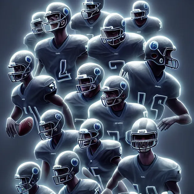 Image similar to epic professional digital art of an American football team of terrifying grey aliens, best on artstation, cgsociety, wlop, cinematic, breathtaking, epic, stunning, gorgeous, much detail, much wow, masterpiece