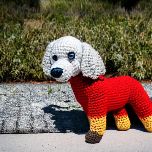 Prompt: a crochet dog, Sigma 30 mm f/1.4