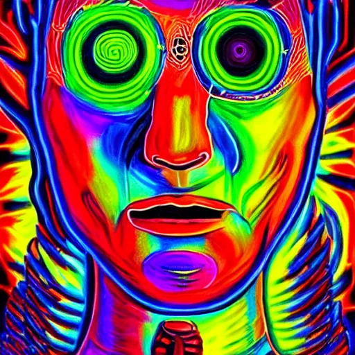 Prompt: hide the pain harold, salvia droid painting, alex gray, dmt, neon lights, uv paint