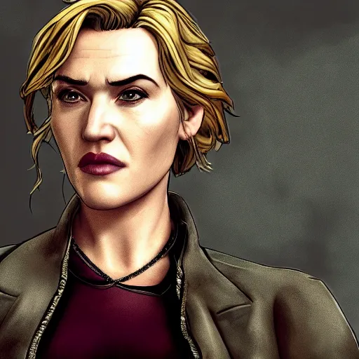 Image similar to kate winslet portrait, borderlands, tales from the borderlands, the wolf among us, comic, cinematic lighting, studio quality, 8 k