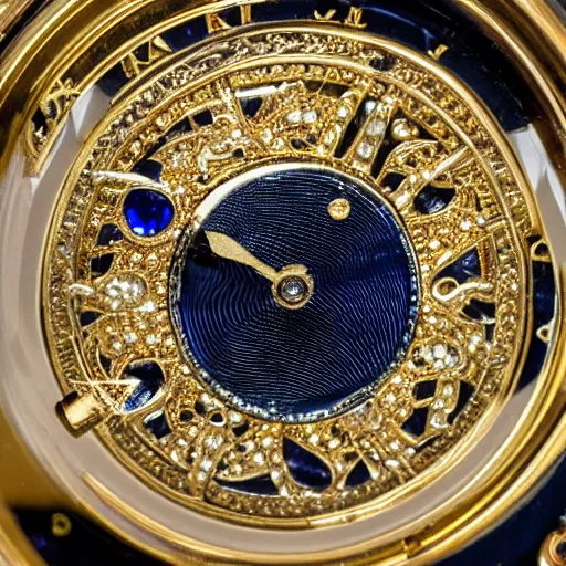 Prompt: close up photo of a sapphire and gold pocket watch, high detail, complex