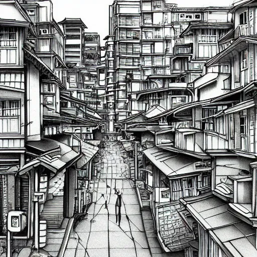 Image similar to japanese town, neighborhood, surreal neighborhood, street view, modern neighborhood, japanese city, underground city, modern city, tokyo - esque town, 2 0 0 1 anime, cel - shading, compact buildings, sepia sunshine