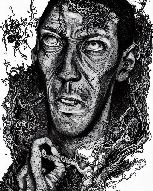 Image similar to h. p. lovecraft, pencil drawing, line art, black and white, fantasy art, monster art, illustration, fantasy, intricate, hyper detailed, artstation, concept art, smooth, sharp focus, ray tracing