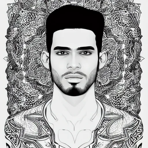 Image similar to portrait of a pakistani male model, an ultrafine detailed illustration by james jean, intricate linework, bright colors, final fantasy, behance contest winner, vanitas, angular, altermodern, unreal engine 5 highly rendered, global illumination, radiant light, detailed and intricate environment