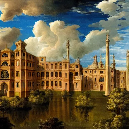 Prompt: a renaissance palace, beautiful tall trees, clouds in the sky, hyperrealistic