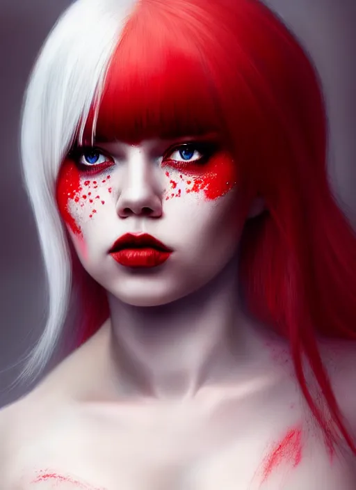 Image similar to photo of kerli koiv with red and white half dye in the style of stefan kostic, realistic, half body shot, sharp focus, 8 k high definition, insanely detailed, intricate, elegant, art by stanley lau and artgerm, foggy backgeound