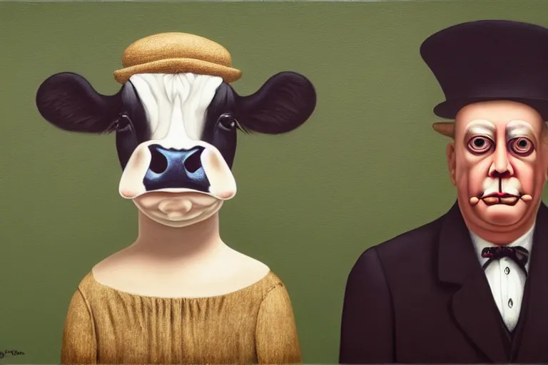 Image similar to 'Wherever you go, a cow is always watching you', lowbrow painting by Mark Ryden and René Magritte