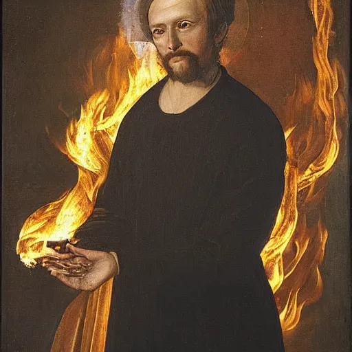 Image similar to a beautiful! portrait of a stern preacher holding a burning cross