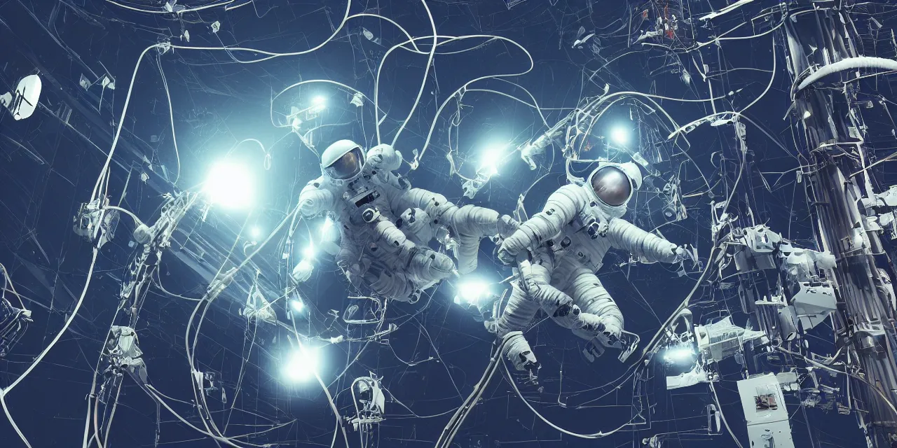 Prompt: astronaut entangled by a lot of cables, connected to a supercomputer designed by Dieter Rams, cinematic lighting, haze, octane render, lens flare