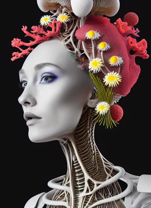 Prompt: biomechanical beautiful woman portrait with a smooth porcelain profile face, futuristic haute couture, iris van herpin, headdress with daisies, colorful puffballs, mushrooms, rhizomorphs, brackets, sponge corals, laser cut paper collar, octane highly render, 8 k, uhd