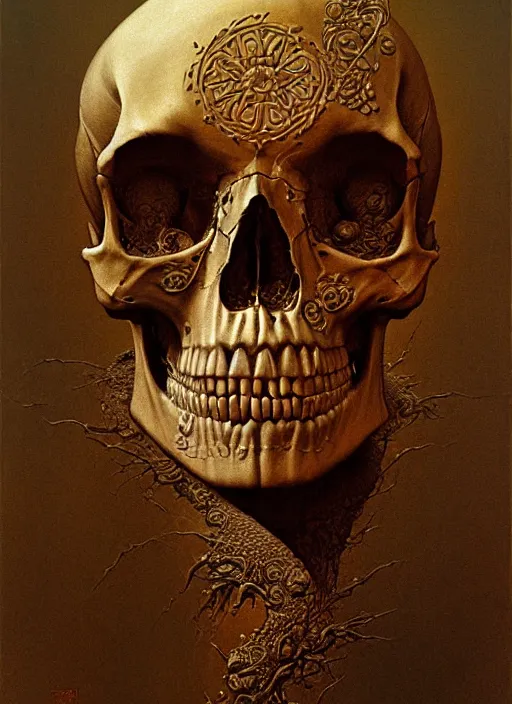 Image similar to a human skull with intricate carvings. highly detailed painting by zdzisław beksinski, craig mullins, j. c. leyendecker 8 k