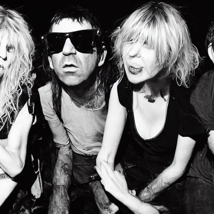 Prompt: courtney love, trent reznor, and noel gallagher are playing in an empty studio. courtney love is singing. the lights are dim, and they're doing a little song and dance. they are a band.