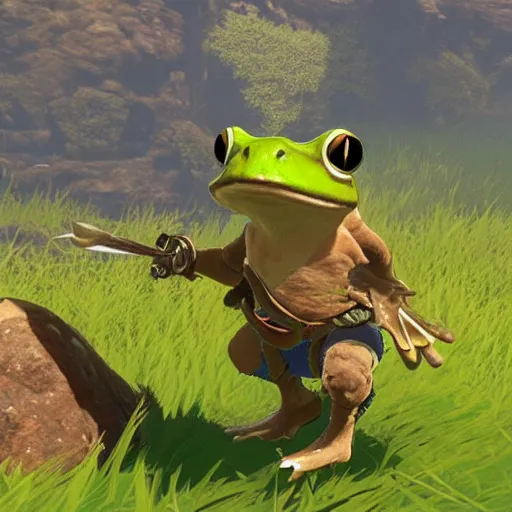Prompt: a warrior frog in breath of the wild