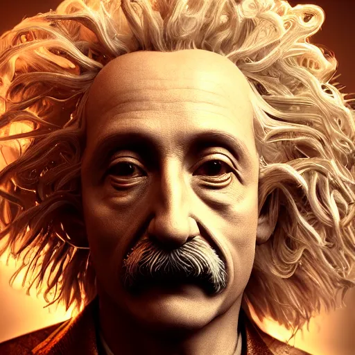 Image similar to masterpiece portrait ethereal biomechanical einstein with incredible hair, crystal incrustations, hyper - detailed face, elegant posed, intricate, octane render, cinematic lighting, cgsociety, unreal engine,