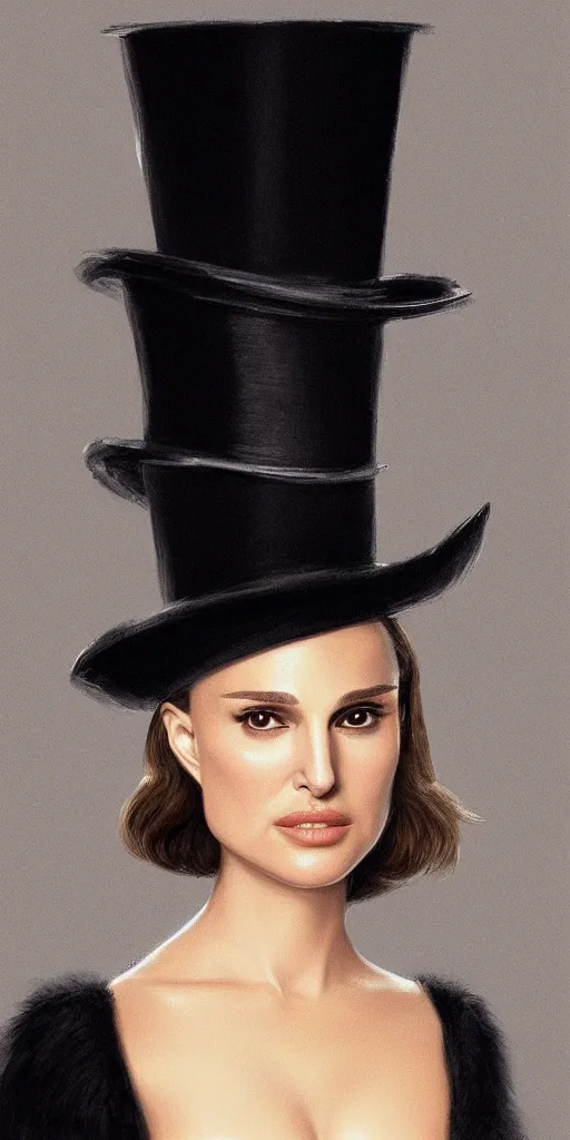 Image similar to Natalie Portman, wearing a top hat, very detailed portrait, ultrarealistic, dramatic lighting, electrical details, high details, 4k, 8k, best, accurate, trending on artstation, fur, artstation, photorealism, ultrarealistic, digital painting, style of Dali, Caravaggio, Boris Vallejo