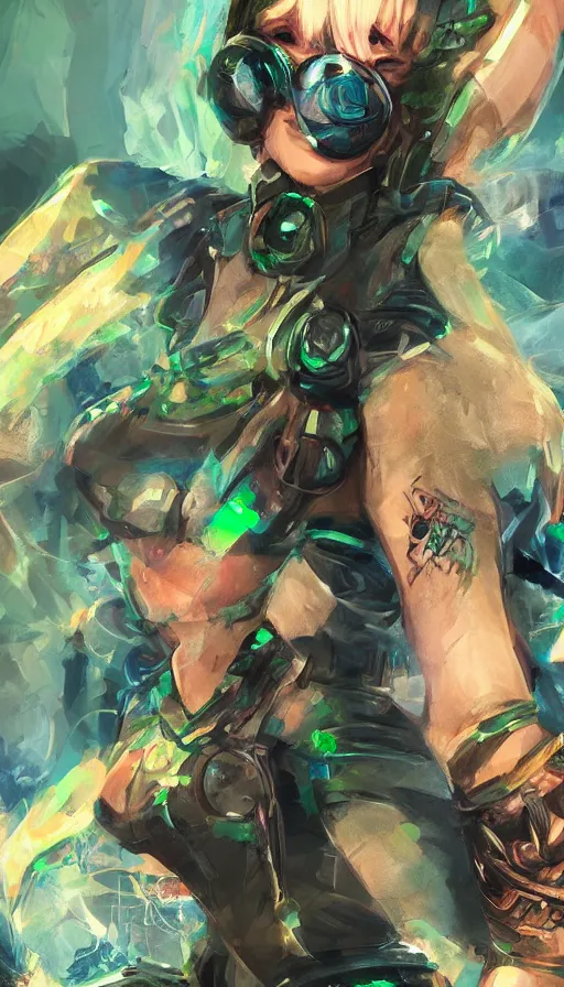 Image similar to render beautiful 3 d anime woman with short silver hair, blue eye and green eye, tank top and shorts with mechanical boots, glowing tribal tattoos, short smile, cinematic lightning, highly detailed, trending on artstation, 4 k, blender, cinematic color grading