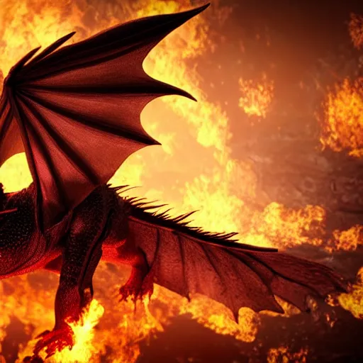 Image similar to breathtaking and majestic powerful dragon with spread wings surrounded by fire, 3d render, concept art, 8k, ultra detail