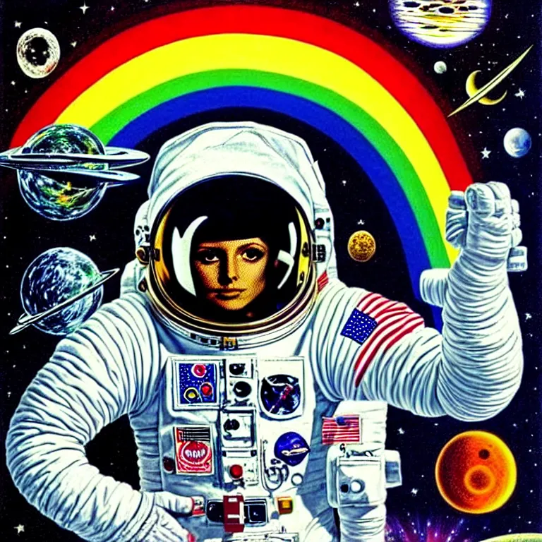 Image similar to by philip caza. astronaut at the rainbow bridge.