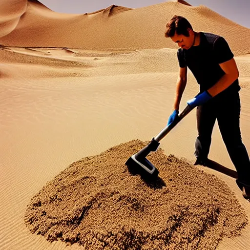 Image similar to beautiful photograph of a man vacuuming sand in a desert