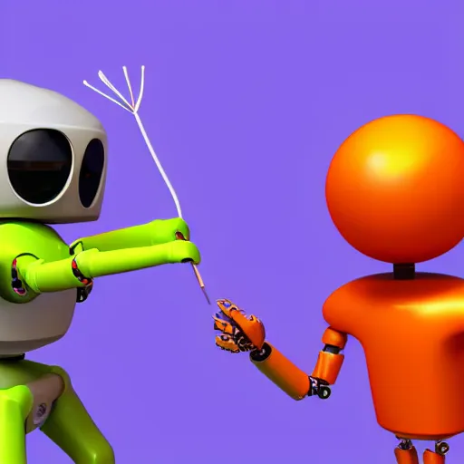 Image similar to a photorealistic 3 d render made in blender of a colourful friendly robot being poked by a man with a stick. background is a purple gradient