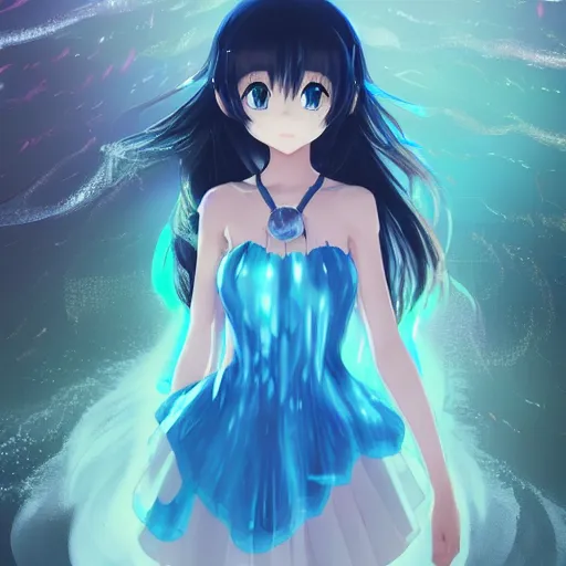 Image similar to advanced digital art, a very cute anime girl wearing a dress made of water standing in a crystal lake turning into mist , full body, very long black hair, azure blue watery eyes, full round face, cinematic lighting, MCU, mid-shot, highly detailed, trending on artstation, Unreal Engine 4k, Stanley Artgerm Lau, WLOP, Rossdraws, James Jean, Andrei Riabovitchev, Marc Simonetti, and Sakimichan