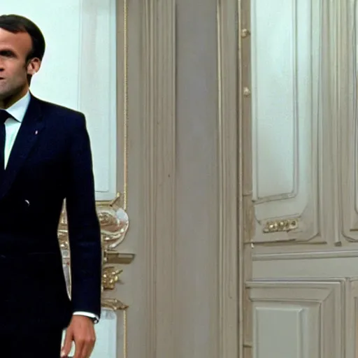 Image similar to Emmanuel Macron wearing carnival clothes in American Psycho (1999)