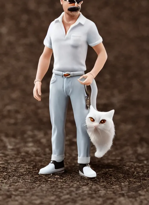 Prompt: 80mm resin detailed miniature of beautiful europenian man with moustache wearing white t-shirt and holding in his hands tabby cat, Product Introduction Photos, 4K, Full body