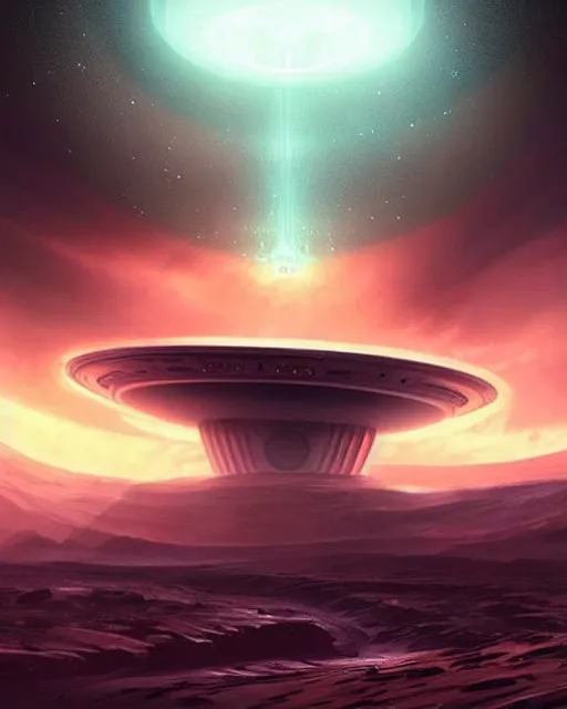 Image similar to alien base on a strange planet, visible from afar!!, evening storm, futuristic, artstation, concept art, beautiful space ship!!, highly detailed by florian dreyer, jonathan dufresne, encho enchev