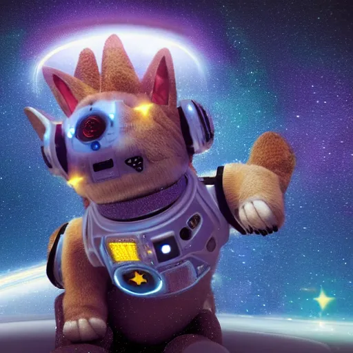 Prompt: digital render of a happy cyberpunk corgi robot floating in space, starry sky, beautiful, futuristic, detailed