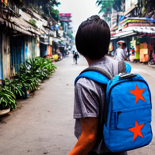 Image similar to 20 year old male American tourist wearing a backpack walking through hanoi as a Vietnamese propaganda poster. 8k resolution.