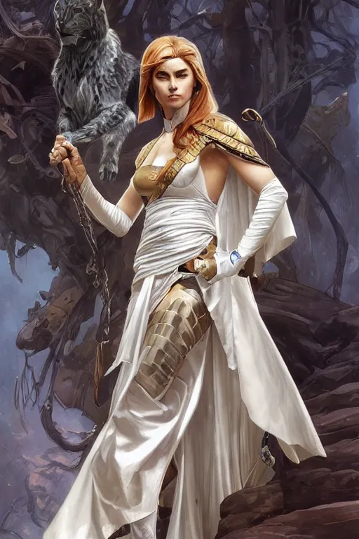 Image similar to portrait of strong caracal wearing a toga. smooth silver armour, deep focus d & d fantasy, elegant porcelain highlights, by artgerm and greg rutkowski and alphonse mucha