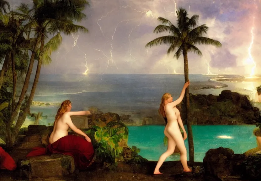 Image similar to Girl at the palace, refracted sparkles, thunderstorm, greek pool, beach and Tropical vegetation on the background major arcana sky, by paul delaroche, hyperrealistic 4k uhd, award-winning, very very very detailed