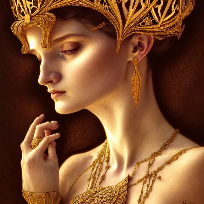 Image similar to ancient queen hulya avsar, symetrical, diffuse lighting, fantasy, intricate, elegant, highly detailed, lifelike, photorealistic, digital painting, artstation, illustration, concept art, 4 k, smooth, sharp focus, art by john collier and albert aublet and krenz cushart and artem demura and alphonse mucha
