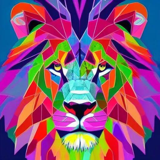 Prompt: a technicolor portrait of a lion in geometric kaleidoscopic colors trending on artstation 4 k intricate extremely detailed digital art