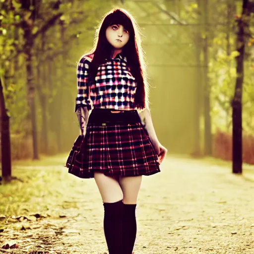 Image similar to female model teenage emo photography plaid skirt band shirt beautiful face, dramatic light darkroom