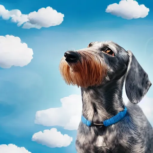 Image similar to an elderly, grey wire-haired dachshund floating in heaven, blue sky, surrounded by beautiful white clouds, with a halo