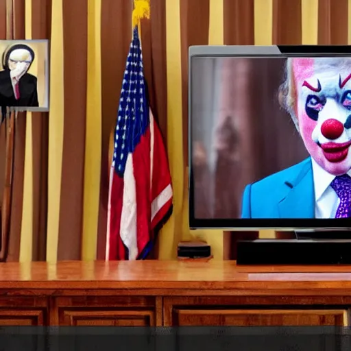 Prompt: photo of a television with a president with clown face giving a speech