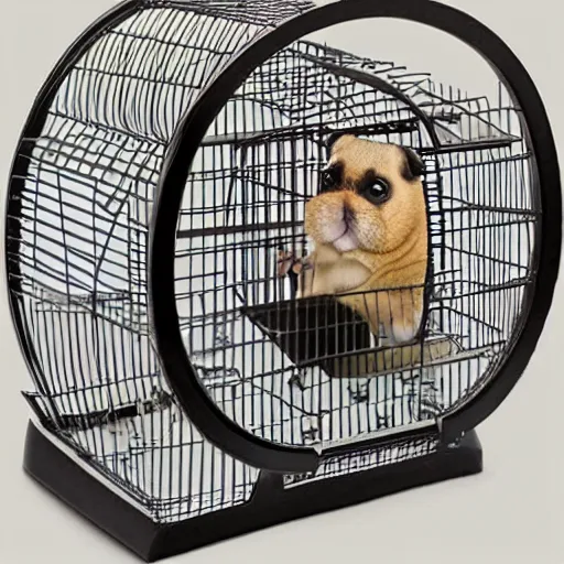 Image similar to a hamster cage with a pug gerbil hybrid inside by the wheel