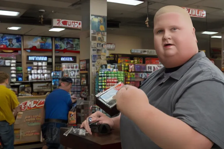 Prompt: bobby hill from king of the hill working behind the counter of a game stop, movie still, from the new clerks movie, 8 k, hd