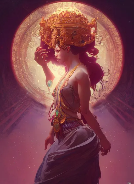 Image similar to Divine cosmic female power, glyphs, magic, artstation, cgsociety, very detailed, intricate, detailed illustration, by artgerm and greg rutkowski and alphonse mucha, octane render, unreal engine, hyperrealism