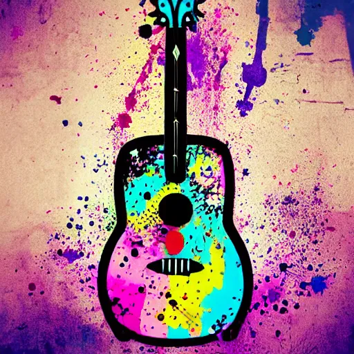 Image similar to calavera guitar, colorful, splatters, in japan style