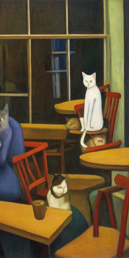 Prompt: cat cafe atrium, grant wood, pj crook, edward hopper, oil on canvas