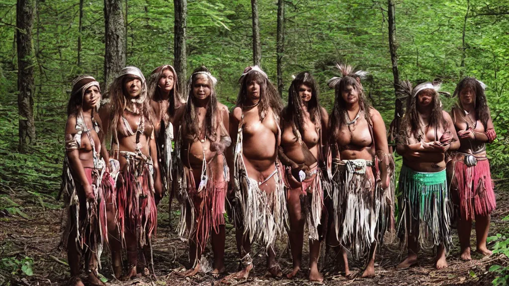 Prompt: a photograph of a tribe of beautiful women in the Appalachian forest