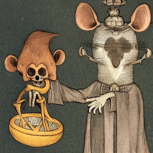 Image similar to photo of anthropomorphic rat with exposed skull wearing dark sorcerer robes