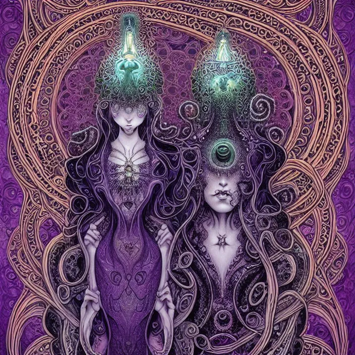 Image similar to depicting a highly detailed beautiful lovecraftian female priestess, in the style of joe fenton, dynamic energetic pose, exuberant organic elegant forms, perfect face, pale skin, by dan hillier : : 1. 4 purple, red, blue, green, black intricate mandala explosions : : intuit art : : turbulent water backdrop : : damask wallpaper : : atmospheric