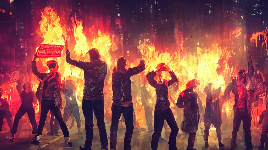 Image similar to angry protesters holding placards, digital illustration by greg rutkowski, fire, android netrunner, nighttime, cyberpunk city backgrounds, colored lighting