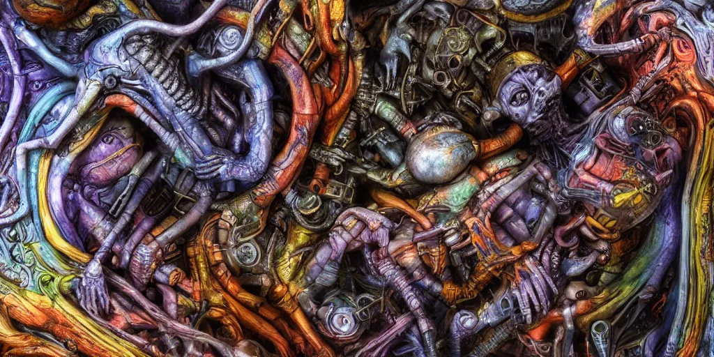 Image similar to dreamscape, giger, vivid colors, colorful, anatomical, highly detailed sculpture, intricate detailed, ommatidia, 8 k, cinematic atmosphere, post - processing